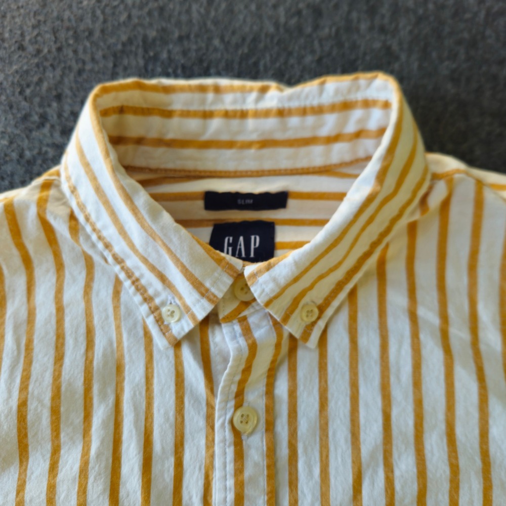 GAP Button Down Shirt 100% Cotton M Yellow Striped Slim Fit Long Sleeve Pocket - Picture 9 of 10